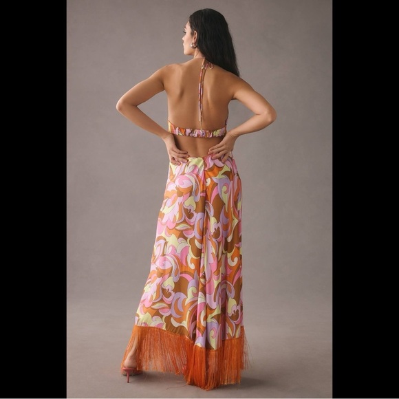Anthropologie Delfi Collective Halter Fringe Maxi Dress Medium Retro Event - Picture 2 of 16